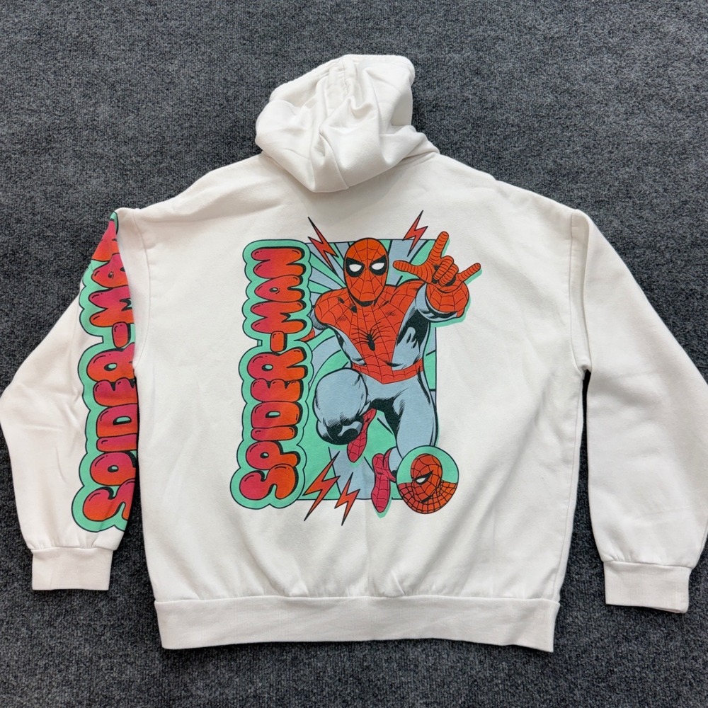 Marvel Spider-Man Hoodie Mens Large White Graphic Fleece Pullover Streetwear